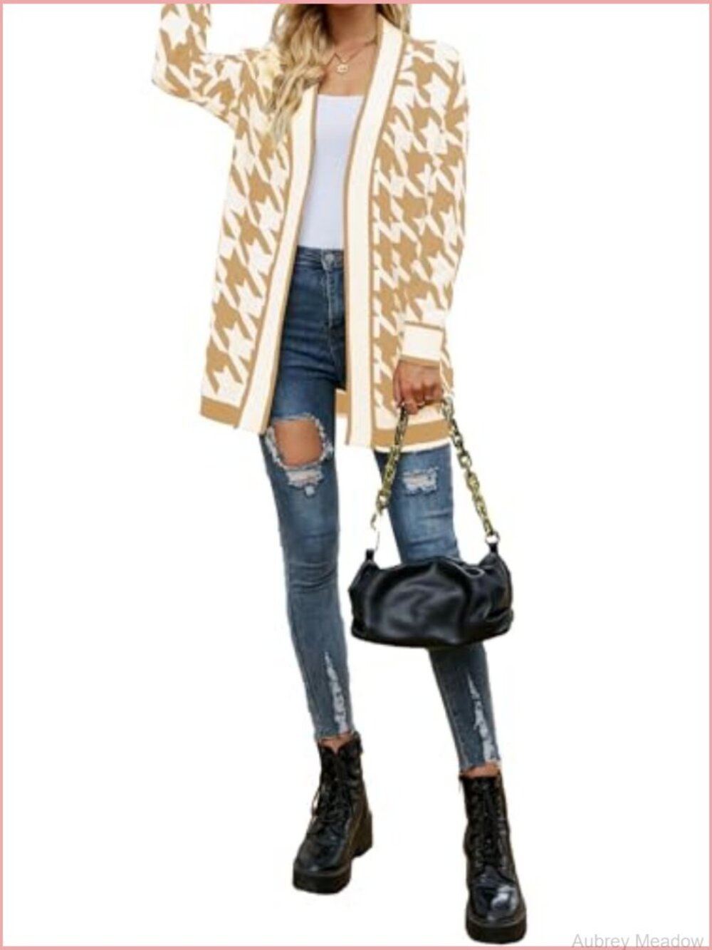 Lightweight Open Front Cardigan Sweater, Long Sleeve Knit Houndstooth Outerwear - Picture 5 of 6